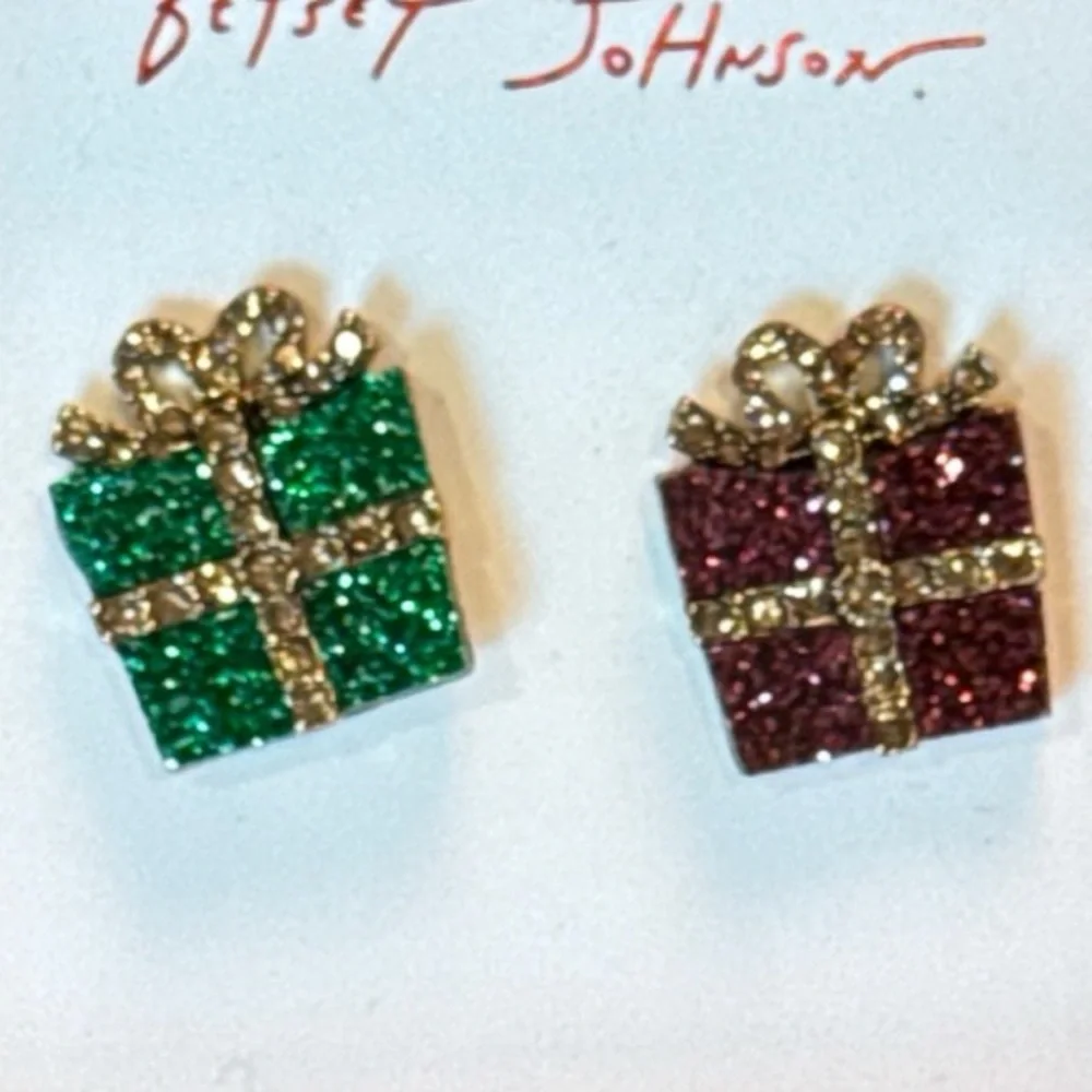 Betsey Johnson Christmas Present Gift Rhinestone Stud Earrings Red Green Gold